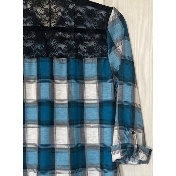 Women Bongo Brand Blouse Blue Plaid w/Lacey Back Polyester Blend Junior Size M - Picture 5 of 16